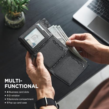 VULKIT Pop up Card Wallet Minimalist Cash Wallets RFID Blocking Leather Smart Credit Card Holder with ID window for Men - color: Top-Grain Cowhide Litchi Black