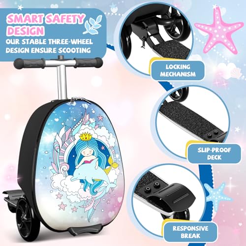 Baotree Scooter Suitcase for Kids, 2 in 1 Ride-on Luggage with Flash PU Wheels, Adjustable Handle & TPR Non-Slip Grip, Foldable & Lightweight, Ages 5-12 - color: Light Blue