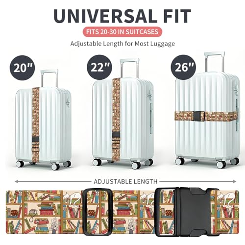 Luggage Strap for Suitcases Adjustable Travel Belt with Quick Release Buckle, Cute Travel Accessories for Suitcase Strap Bookshelf Cat - color: Bookshelf Cat