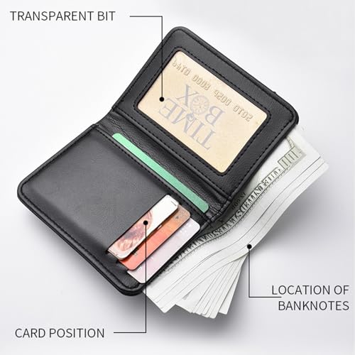 Mini Slim Wallet 5 Card Slots ID Window 1 Money Pocket Faux Leather Thin Compacted - color: Black Cross Grain