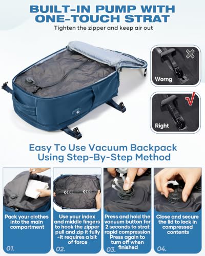 suradar Vacuum Backpack Travel with Pump,Travel Backpack with One Button Vacuum System Vacpack Sealed Compression Airbag Carry on Flight Approved Laptop Backpack Space Saver Bags Blue - color: B2-peacock Blue