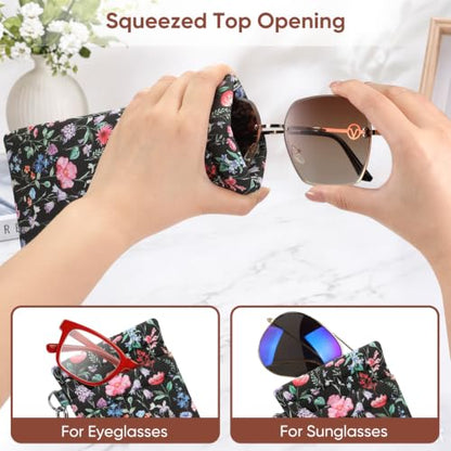 FINTIE Double Sunglasses Pouch with Strap, Squeeze Top Eyeglasses Case - color: Black Floral