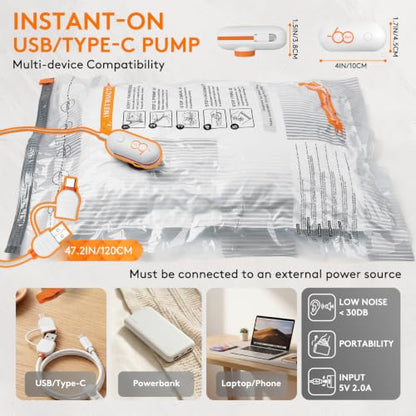 10 Combo Vacuum Seal Bags for Clothing Travel with USB/Type-C Pump