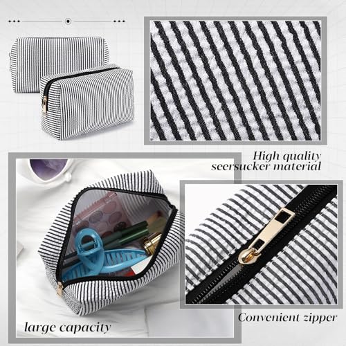 Sanwuta 6 Pcs Seersucker Cosmetic Bags Bulk, Striped Zippered,Black - color: Black