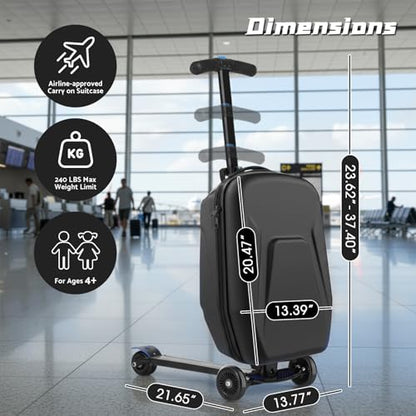 Scooter Suitcase for Kids Ages 8-12& Adult Foldable 2 in 1 Ride on Carry on Travel Hardshell Trolley Scooter Luggage With Wheels 20" - color: Black
