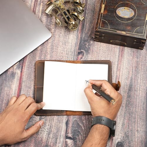 Genuine Leather Refillable Field Notes Cover 3.5 x 5.5" | Handmade Distressed Pocket Journal & Travel Diary Cover with Card Slots, Pen Loop & Passport Pocket Planner Case - color: Brown Field Journal Notebook
