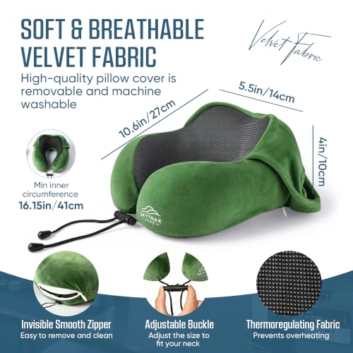 SkytraxComf® Travel Neck Pillow with Hood for Privacy on Long Flights - color: Olive