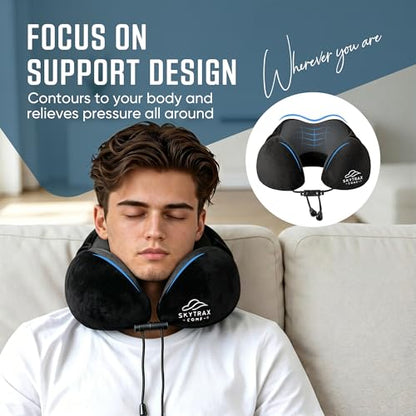 SkytraxComf® Travel Neck Pillow with Hood for Privacy on Long Flights - color: Black