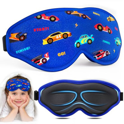 BeeVines Kids 3D Contoured Sleep Mask, 100% Blackout Sleeping Eye Masks for Boys, Pressure-free Memory Foam Cushioned Eye Cover, Adjustable Strap, for Travel Gifts (Racing Car)