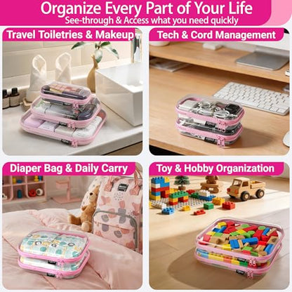 YQBRAO Clear Hard Shell Zipper Cases, 4 Medium Makeup Organizers, Pink - color: Pink, size: 4 Pack(M)