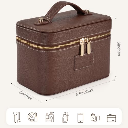 Makeup Bag Travel Toiletry Leather Cosmetic Case, Waterproof Makeup Organizer with Brush Holder, Wipe Clean Removable Divider Vanity Train Bag for Women, Brown Coffe - color: Brown Coffe