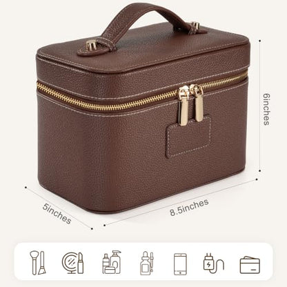 Makeup Bag Travel Toiletry Leather Cosmetic Case, Waterproof Makeup Organizer with Brush Holder, Wipe Clean Removable Divider Vanity Train Bag for Women, Brown Coffe - color: Brown Coffe
