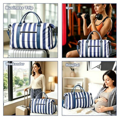 Travel Duffle Bag for Women, Carry On Weekender Tote with Trolley Sleeve - color: Navy Blue White