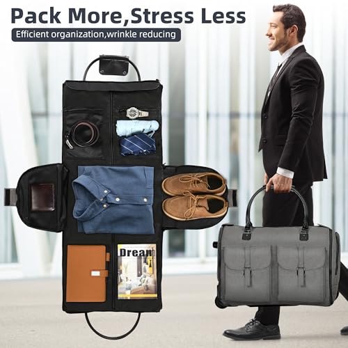 Garment Bags for Travel, 2-in-1 Convertible Rolling Duffle Bag with Wheels, Modern Carry-on Travel Bag for Suits, Foldable Suit Bag, Telescopic Handle, Hanging Hook - color: Modern Grey