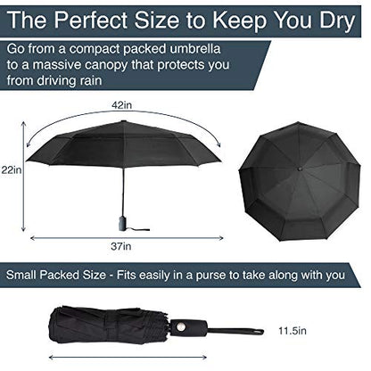 RainPlus Windproof Travel Umbrella - Compact, Automatic, Folding and Portable - Umbrellas For Rain for Men and Women - Car, Backpack, Purse, Strong & Wind Resistant - color: Black
