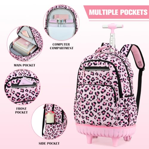 ACESAK Rolling Backpack for Girls with Lunch Bag & Pencil Pouch - color: Pink Leopard