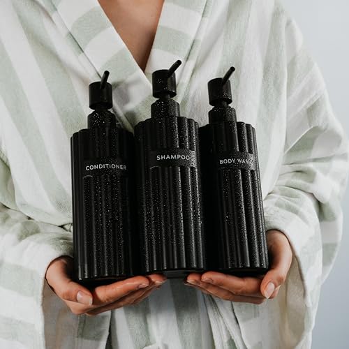 Stylish Shampoo & Conditioner Dispenser Set of 3 - Fluted 19oz Bottles - color: Black