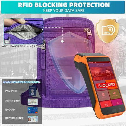 RFID Neck Wallet for Travel, Passport Holder, Money Pouch - color: Purple