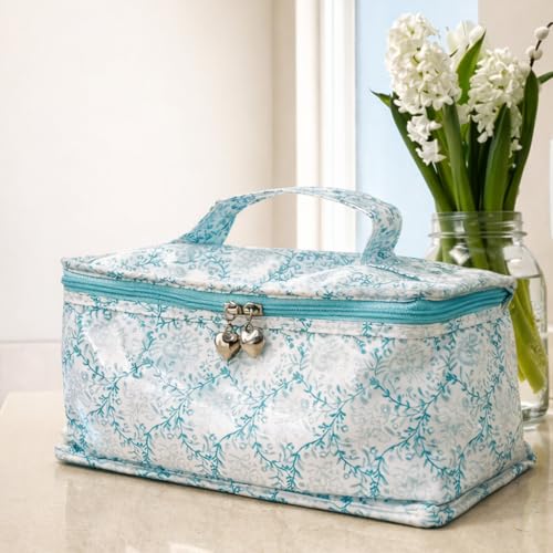 Vanity Bag/Train Case - Water-Resistant, PVC-Lined, Easy to Clean, Compact & Travel Ready Makeup Organizer - Aqua Trellis Print - color: Aqua Trellis, size: Large Vanity/Train Case