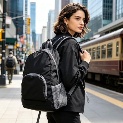 Foldable Lightweight Backpack, Packable Waterproof Daypack with Mesh Shoulder Straps for Hiking Camping Shopping Travel（Black