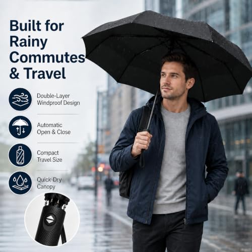 Windproof Travel Umbrella Premium Auto Folding Umbrella for Rain and Sun - color: black