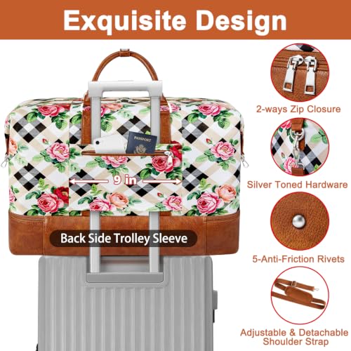 TIBES Travel Weekender Bag for Women, Overnight Bag with Shoe Compartment | 3PCS Large Travel Duffel Bag for Gym, Travel, Hospital, Business Trip, Carry On Tote, Wet & Dry Separation, Water Resistant - color: U-Plaid Rose