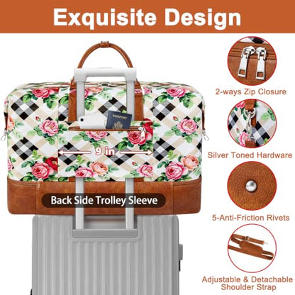TIBES Travel Weekender Bag for Women, Overnight Bag with Shoe Compartment | 3PCS Large Travel Duffel Bag for Gym, Travel, Hospital, Business Trip, Carry On Tote, Wet & Dry Separation, Water Resistant - color: U-Plaid Rose