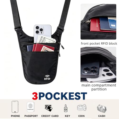 Money Belt for Travel, RFID Blocking Hidden Neck Wallet & Passport Holder - color: GRAY