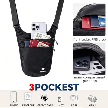 Money Belt for Travel, RFID Blocking Hidden Neck Wallet & Passport Holder - color: GRAY