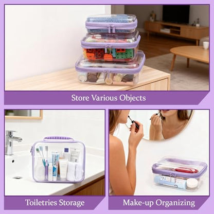 3 PCS Clear Zipper Pouches with Handle, Diaper Bag Organizer, Clear Makeup Bags Hardshell Toy Storage Bins with Zipper Toiletry Pouch Bag for Cosmetics Pencils Puzzles, Building Blocks(Purple) - color: Purple-3pc