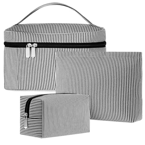 Huhumy 3Pieces Cute Seersucker Makeup Bag Set for Women, Black, Stripe - color: Black, style: Stripe