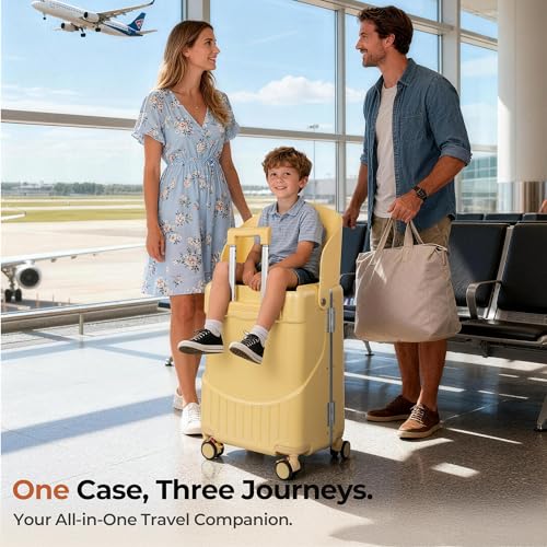 20" Ride-On Luggage with Child Seat, Hardside Carry-On Suitcase with Shockproof 360° Silent Spinner Wheels, TSA Lock, Kids & Adults & Busy Moms - color: Yellow