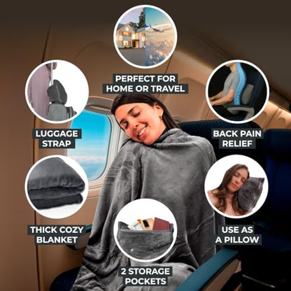 FlyHugz Grey Travel Blanket & Pillow Set (59.1"x47.2") with Carry Case - color: Gray