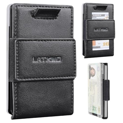 Wallet for Men Slim Pull Tab Metal RFID Blocking Credit Card Holder with ID Window & Cash Strap - Compact Front Pocket Design Holds 1-10 Cards (3.62x2.36x0.47in) (Black) - color: Black