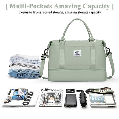 Travel Duffel Bag with Shoes Compartment, Weekender Bags for Women - color: B-Pale Green, size: Large