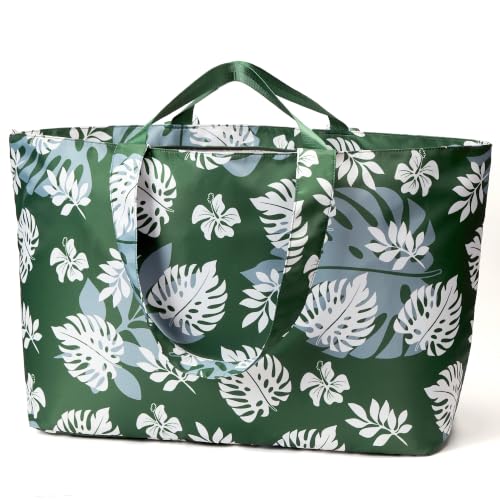 KALIDI 60L Extra Large Beach Tote Oversized Bag Zipper Utility Weekender - color: Green Leaf