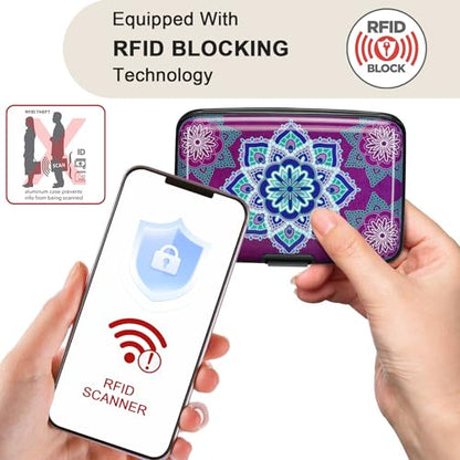 ELFISH RFID Aluminum Wallet Credit Card Protector Case Holder for Men Women - color: Purple flower