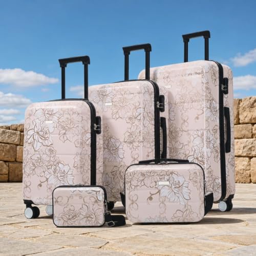 5-Piece Hardside Lightweight Impact-Resistant Luggage Set with 20/24/28 Inch Suitcases, 8/14 Inch Carry Cases, Combination Lock, Smooth Spinner Wheels for All Travel Needs - color: Pink Flower