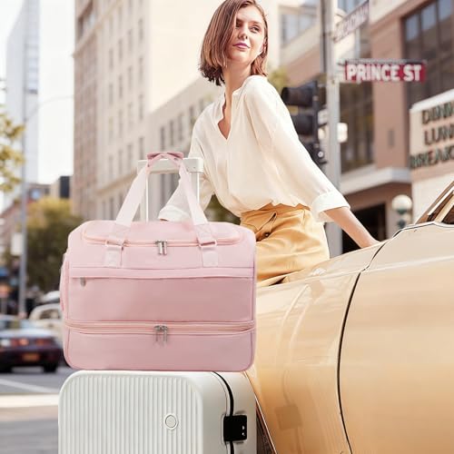Travel Duffle Bag for Women, Carry-On Weekender with Shoe Compartment - color: Pink