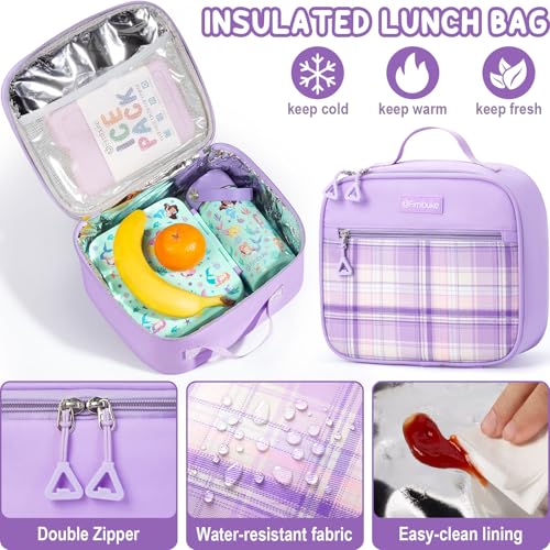 Fimibuke Kids Backpack for Girls, 3 PCS School Backpack with Lunch Box Set - color: C2.purple Plaid