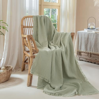 Muslin Fringe Blankets for Adults: 100% Cotton Cloud Soft - color: Sage Green, size: Throw (50" × 60")