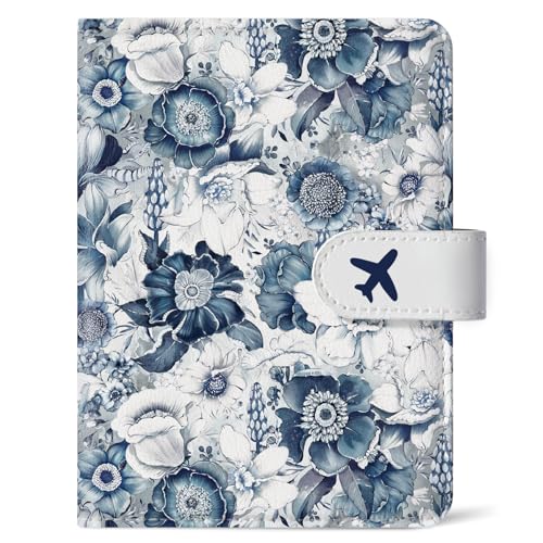 Passport Holder for Travel, RFID Blocking Wallet with Magnetic Closure - color: N-Blueflower