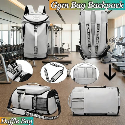 Gym Duffle Bag Backpack,4‑Way Waterproof with Shoe Compartment Travel Laptop - color: Grey