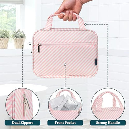 PAVILIA Hanging Toiletry Bag for Women, Portable Makeup Organizer, Pink - color: Pink Stripe