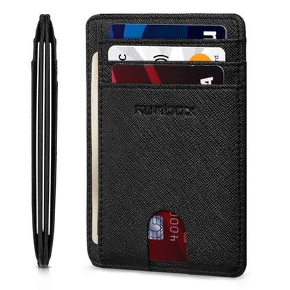 RUNBOX Slim Wallet for Men and Women, RFID Blocking Leather Card Holder - color: Cross Black
