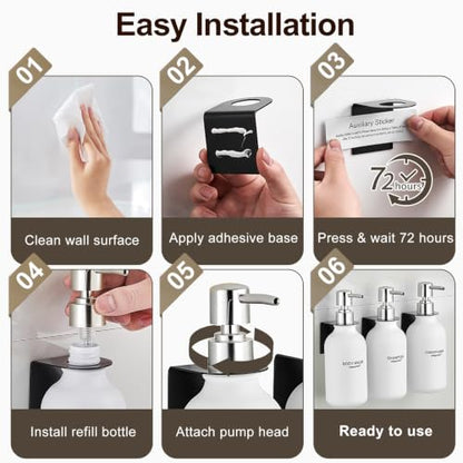 Shampoo and Conditioner Dispenser Set of 3, Wall Mounted - color: Matte White Bottle + Silver Pump
