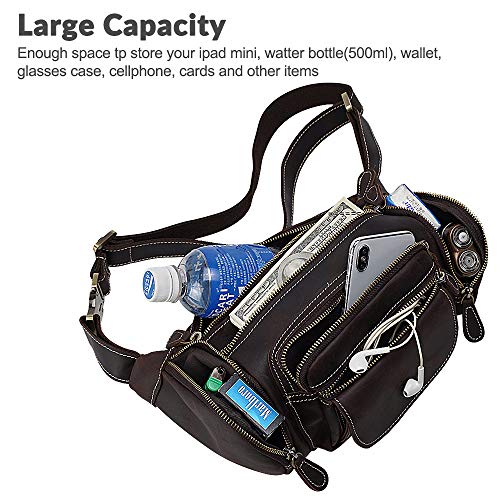 TIDING Leather Fanny Pack Multi-Pockets Waist Belt Bag for Men - color: Dark Brown