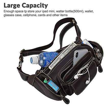 TIDING Leather Fanny Pack Multi-Pockets Waist Belt Bag for Men - color: Dark Brown