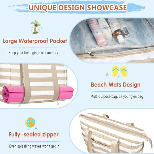 Extra Large Beach Bags for Women Waterproof Sandproof Beach Tote Bag - color: Khaki White