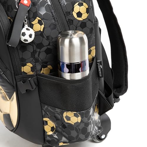 Meetbelify Rolling Backpack with Wheels for Boys Rolling Backpacks with Lunch Box Pencil Case for Elementary Students Kids Football Luggage Travel Suitcase for Boys 6-8 - color: Black Football